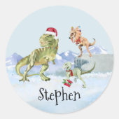 Dinosaur Kerstman Tyrannosaur Raptor Naam Ronde Sticker (Voorkant)