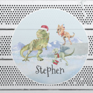 Dinosaur Kerstman Tyrannosaur Raptor Naam Ronde Sticker