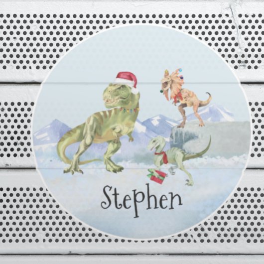 Dinosaur Kerstman Tyrannosaur Raptor Naam Ronde Sticker