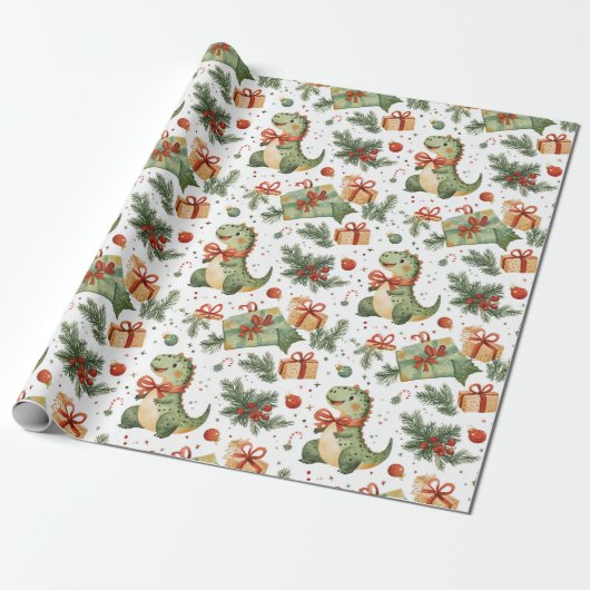 Dinosaur Kerstmis Cadeaupapier (Uitgerold)