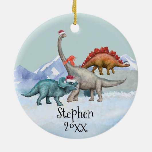 Dinosaur Kerstmis Jurassic Waterverf Naam Keramisch Ornament (Achterkant)