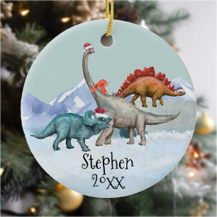 Dinosaur Kerstmis Jurassic Waterverf Naam Keramisch Ornament