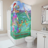 Dinosaur Kerstmis T Rex Santa Snow Scene Funny Douchegordijn (In situ)