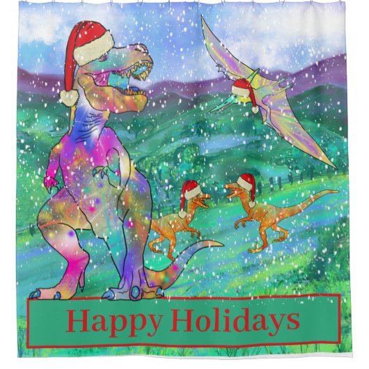 Dinosaur Kerstmis T Rex Santa Snow Scene Funny Douchegordijn (Voorkant)