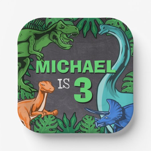 Dinosaur Kids Birthday Dino Trex Prehistorische Bo Papieren Bordje (Voorkant)