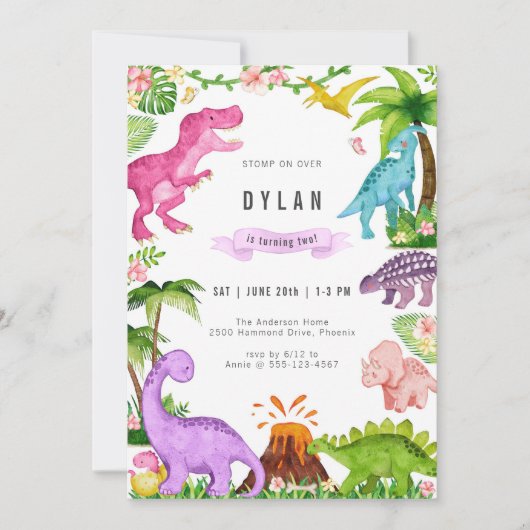 Dinosaur Kids Birthday Party Invitation Kaart (Voorkant)