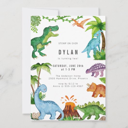 Dinosaur Kids Birthday Party Invitation Kaart (Voorkant)