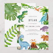 Dinosaur Kids Birthday Party Invitation Kaart (Voorkant / Achterkant)