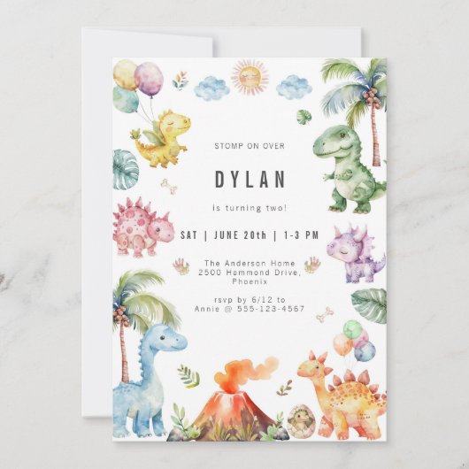 Dinosaur Kids Birthday Party Invitation Kaart (Voorkant)