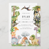 Dinosaur Kids Birthday Party Invitation Kaart (Voorkant / Achterkant)