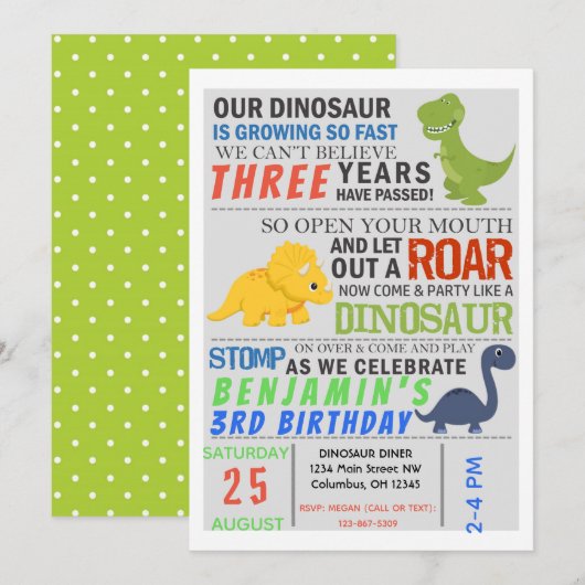 Dinosaur Kids Birthday Party Invite Kaart (Voorkant / Achterkant)