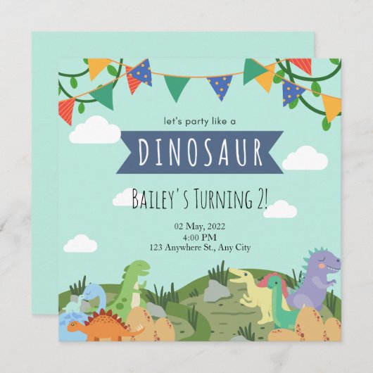 Dinosaur Kids Birthday Uitnodiging (Voorkant / Achterkant)
