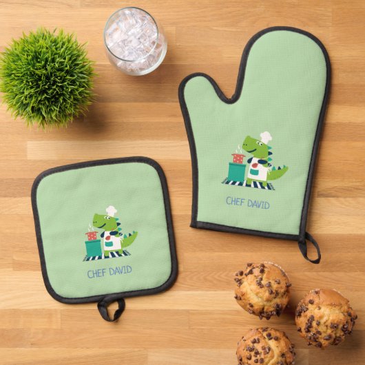 Dinosaur Kids Oven Mitt and Pot Holder Set (Top down)