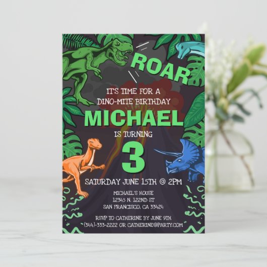 Dinosaur Kids Verjaardag Dino Trex Vulkaan Kaart (Staand voorkant)