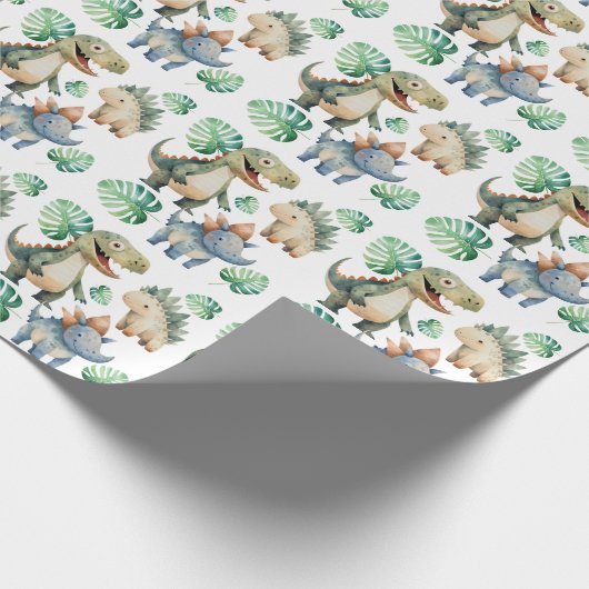 Dinosaur Kids Verjaardag Waterverf Cadeaupapier (Hoek)