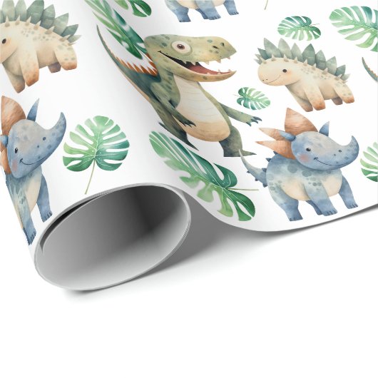 Dinosaur Kids Verjaardag Waterverf Cadeaupapier (Rol Hoek)