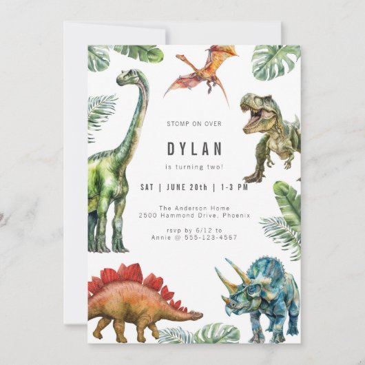 Dinosaur Kids Watercolor Birthday Invitation Kaart (Voorkant)