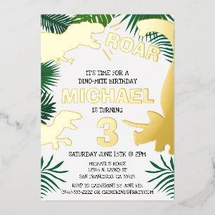 Dinosaur Kinder Gold Dinos Trex Birthday Folie Uitnodiging