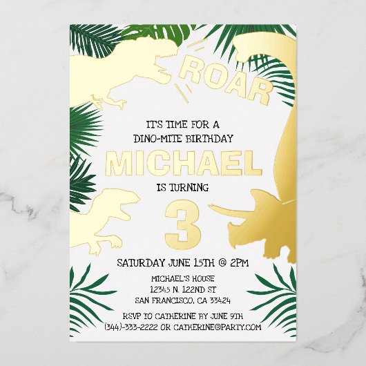 Dinosaur Kinder Gold Dinos Trex Birthday Folie Uitnodiging (Voorkant)