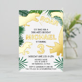 Dinosaur Kinder Gold Dinos Trex Birthday Folie Uitnodiging (Staand Voorkant)