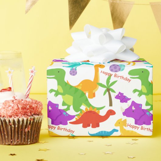 Dinosaur kleurrijke groene Paarse kinderen Birthda Cadeaupapier (Verjaardagsfeest)