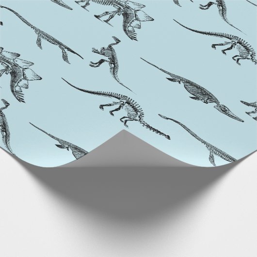 Dinosaur lichtblauw patroon cadeaupapier (Hoek)