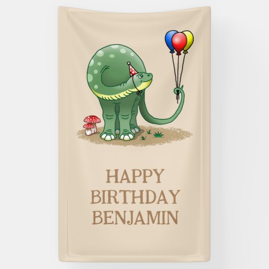 Dinosaur met ballonnen verjaardag spandoek (Verticaal)