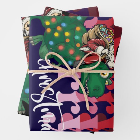Dinosaur met kerstmis inpakpapier vel (In situ)