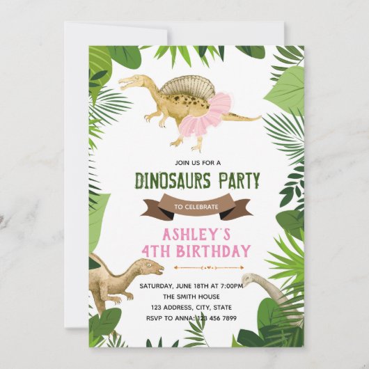 Dinosaur met tutu party-uitnodiging kaart (Voorkant)