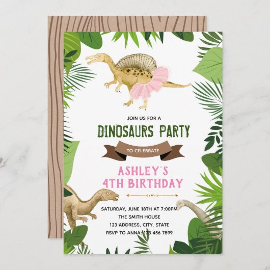 Dinosaur met tutu party-uitnodiging kaart (Voorkant / Achterkant)
