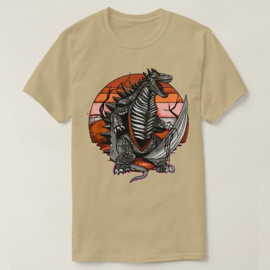 Dinosaur met zon op de achtergrond aanslaan t-shirt (Design voorkant)