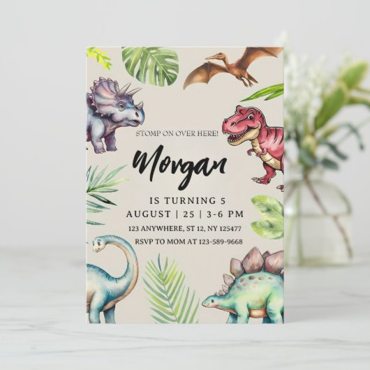 Dinosaur Modern Birthday Invitation Kinder Partij Kaart (Staand voorkant)