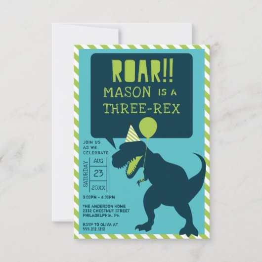 Dinosaur Modern Three Rex Birthday Invite Kaart (Voorkant)