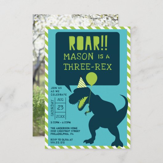Dinosaur Modern Three Rex Birthday Invite Kaart (Voorkant / Achterkant)