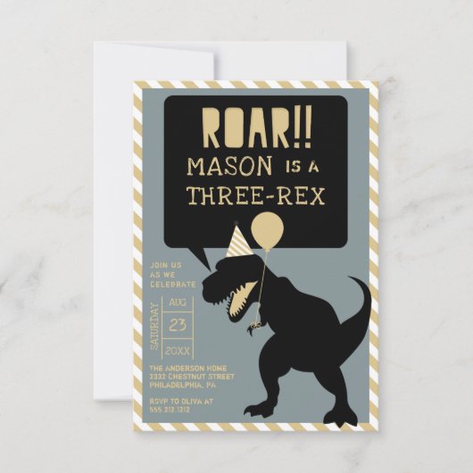 Dinosaur Modern Three Rex Birthday Invite Kaart (Voorkant)