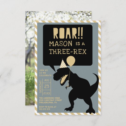 Dinosaur Modern Three Rex Birthday Invite Kaart (Voorkant / Achterkant)