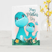 Dinosaur moeder en Baby voor moederdag Kaart (Gele Bloem)