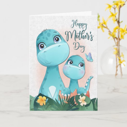 Dinosaur moeder en Baby voor moederdag Kaart (Gele Bloem)
