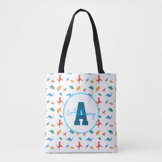 Dinosaur Monogrammed Colorful Patroonjongen verjaa Tote Bag (Voorkant)