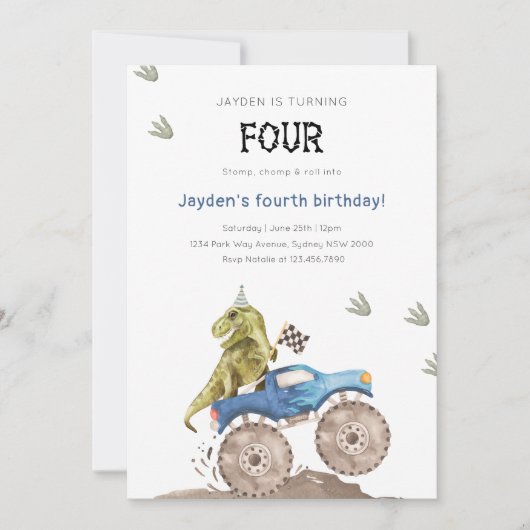 Dinosaur & Monster Truck 4e verjaardagsfeest Kaart (Voorkant)