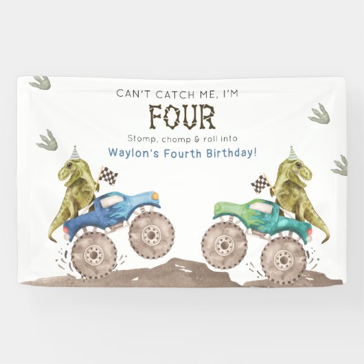 Dinosaur & Monster Truck 4th Birthday Vinyl Banner (Horizontaal)