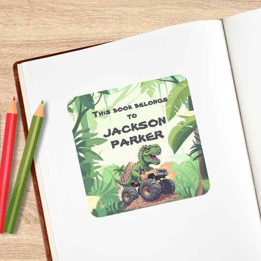 Dinosaur Monster Truck Kinder Bookplate Sticker