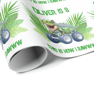 Dinosaur monstervrachtwagen gepersonaliseerde verj cadeaupapier