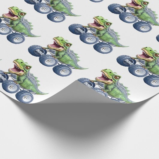 Dinosaur monstervrachtwagen gepersonaliseerde verj cadeaupapier (Hoek)
