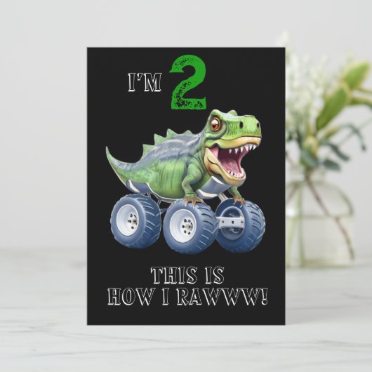 Dinosaur monstervrachtwagen gepersonaliseerde verj kaart (Staand voorkant)
