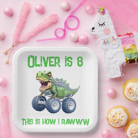 Dinosaur monstervrachtwagen gepersonaliseerde verj papieren bordje (Feest)