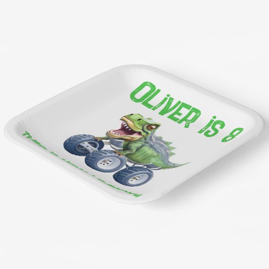 Dinosaur monstervrachtwagen gepersonaliseerde verj papieren bordje (Gebogen)