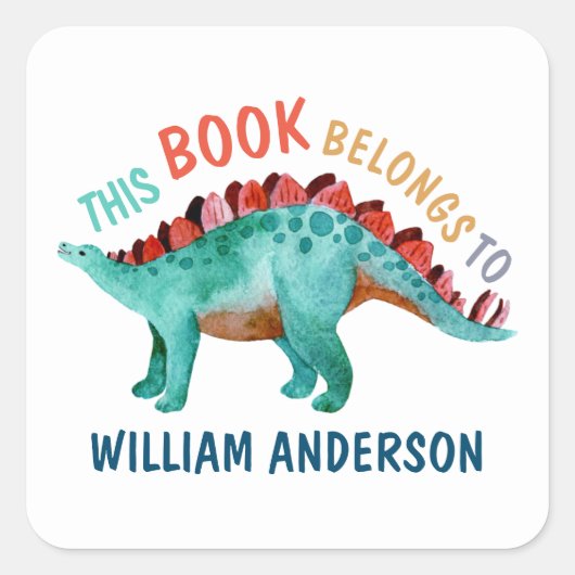 Dinosaur Name "Dit boek behoort tot" School Vierkante Sticker (Voorkant)