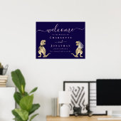 Dinosaur Navy Blue Blush Pink Wedding Welcome Poster (Thuiskantoor)