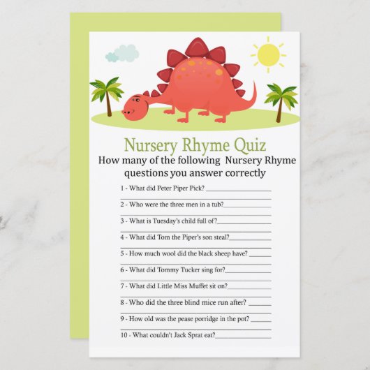 Dinosaur Nursery Rhyme Quiz baby shower game (Voorkant / Achterkant)